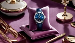 Blue-faced wristwatch on a purple pillow, surrounded by luxury accessories