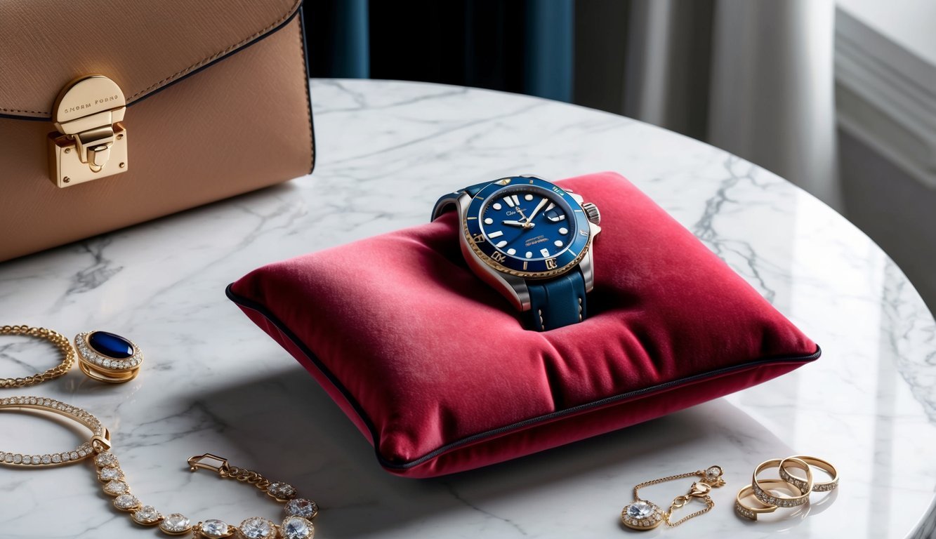 A luxurious watch resting on a velvet cushion, surrounded by elegant jewelry and a designer handbag on a marble table