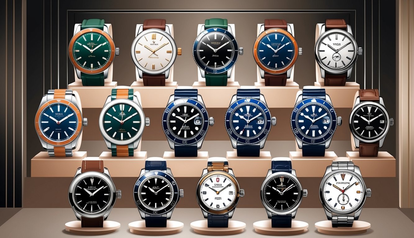 A display of ten iconic watches arranged in a stylish and timeless manner, highlighting their design elements