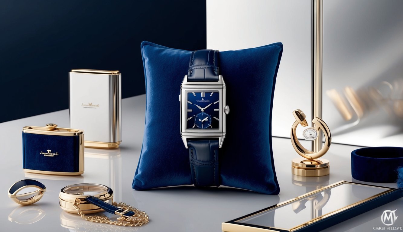 A luxurious Jaeger-LeCoultre Reverso watch displayed on a velvet cushion, surrounded by elegant accessories and a sleek, modern backdrop