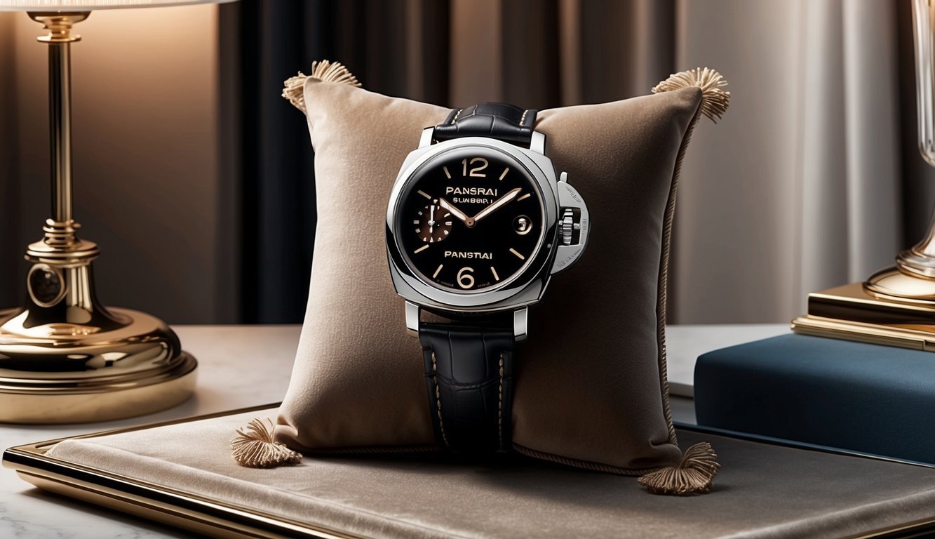 A sleek Panerai Luminor watch sits on a luxurious velvet cushion, surrounded by soft lighting and elegant decor