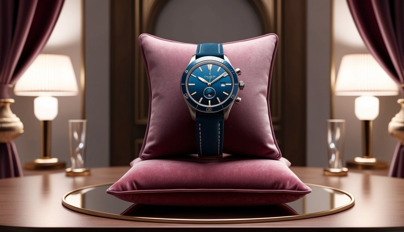 A sleek, modern watch displayed on a luxurious velvet cushion, surrounded by soft lighting and elegant decor