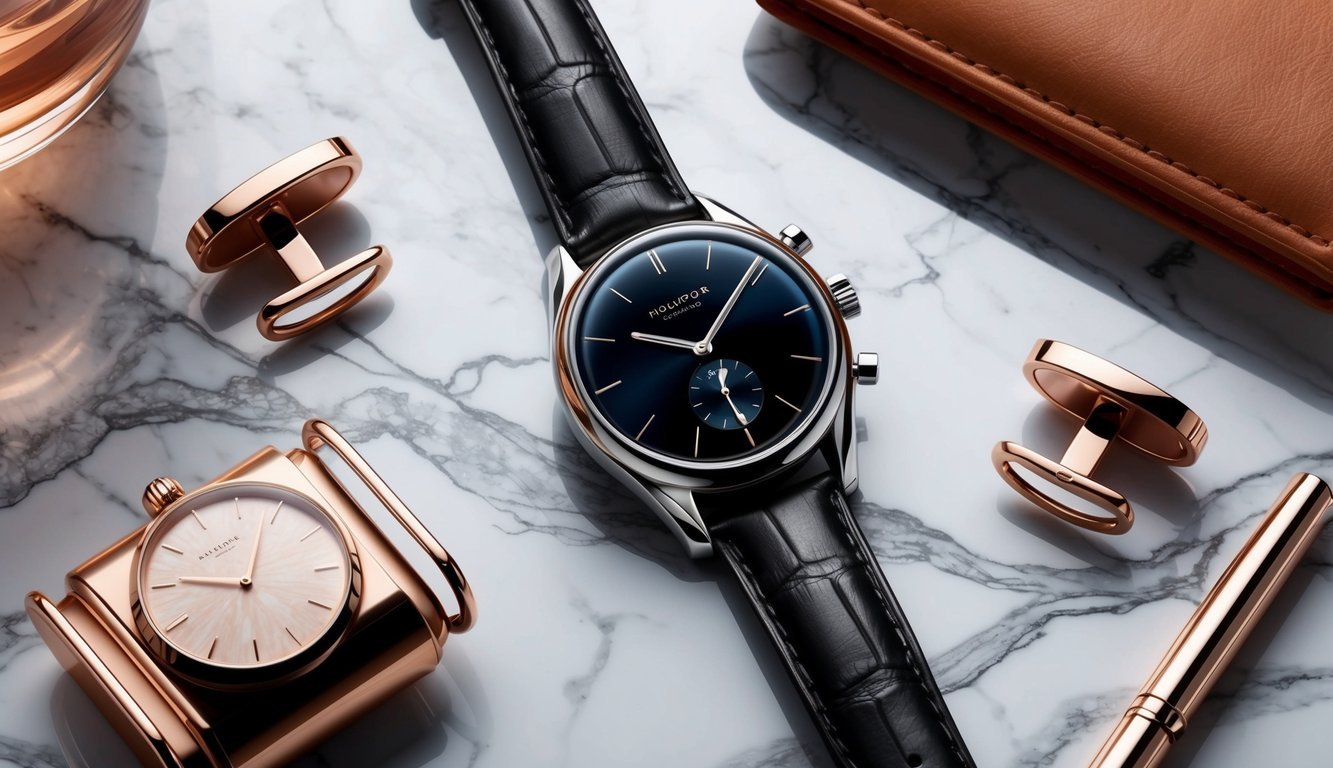 A sleek, modern watch surrounded by elegant accessories on a marble table