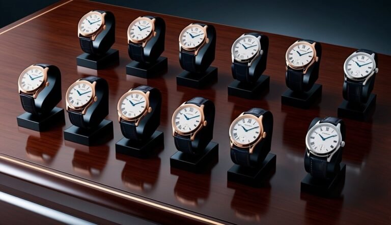 Twelve elegant wristwatches displayed on a dark wooden surface