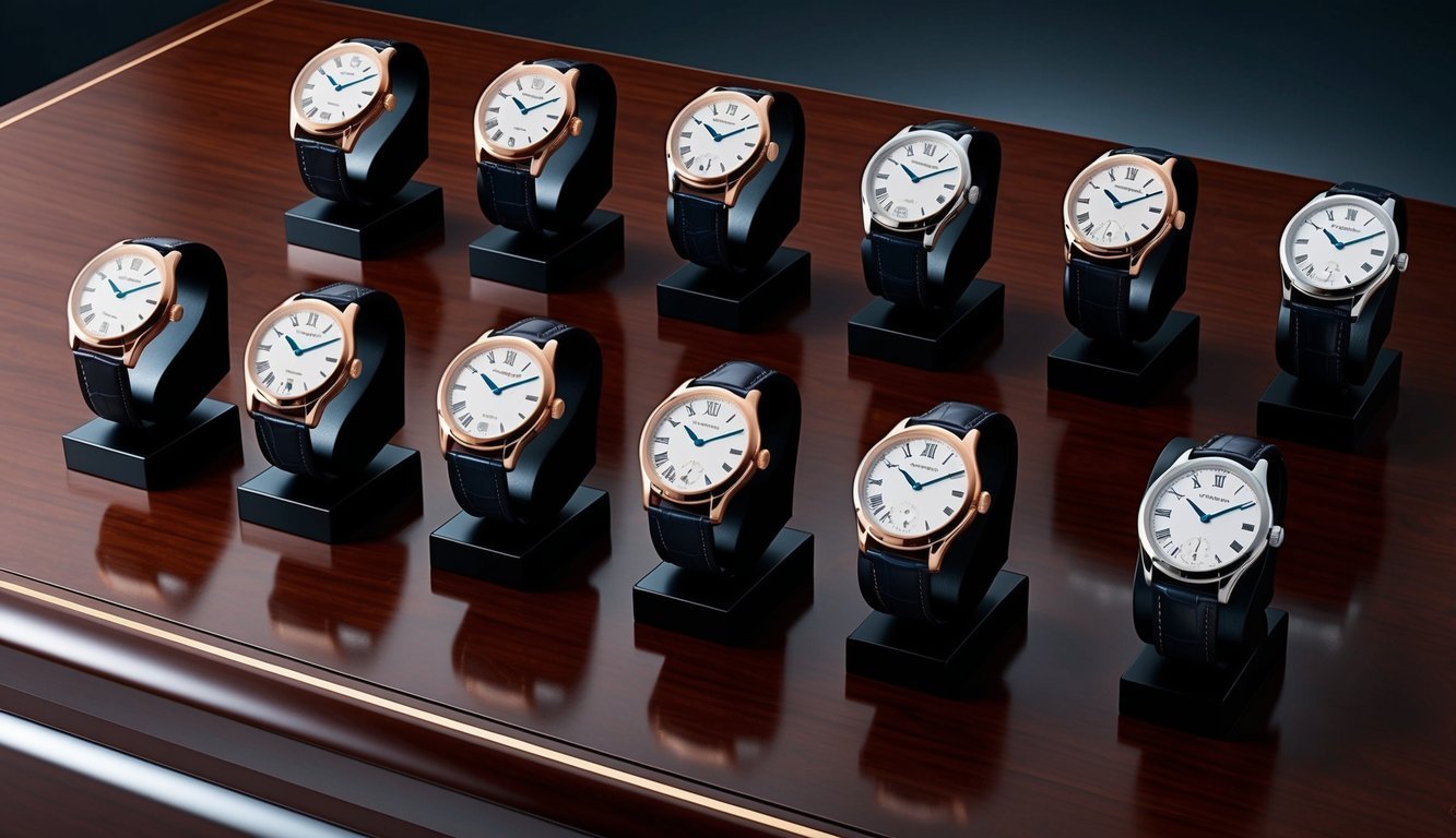Twelve elegant wristwatches displayed on a dark wooden surface