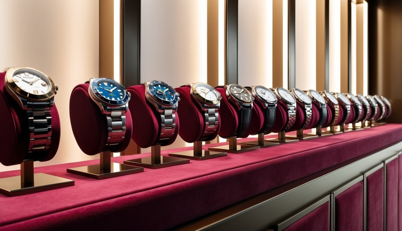 Display of luxury watches on red velvet stands in a store