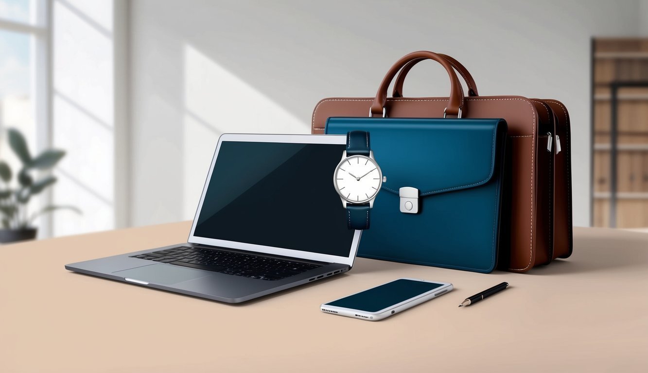 Laptop, watch, briefcases, phone, and pen on a desk