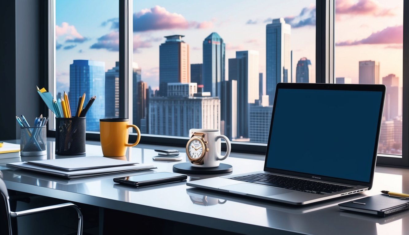 A sleek desk with a laptop, coffee mug, and Orient Bambino watch displayed, surrounded by office supplies and a city skyline outside the window