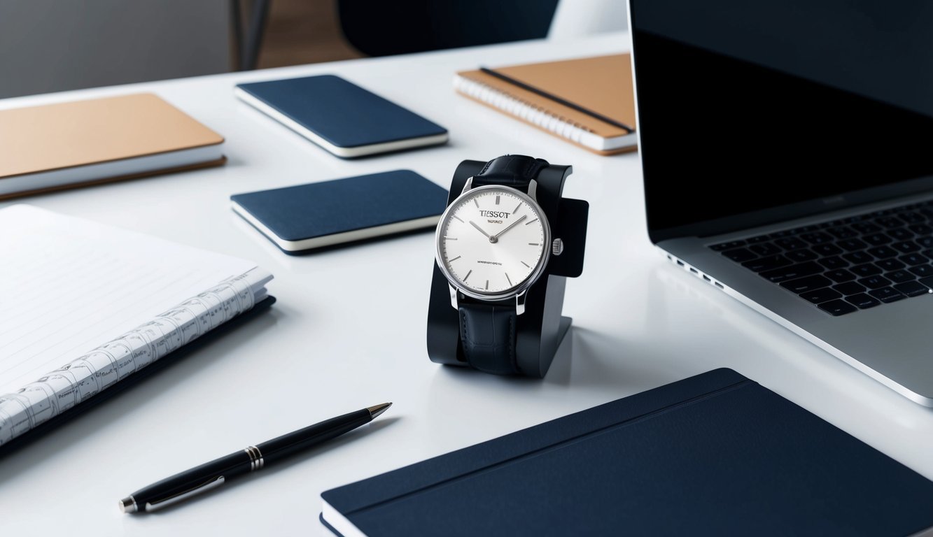 A sleek, modern office desk with a Tissot Everytime watch placed prominently, surrounded by a laptop, notebook, and pen