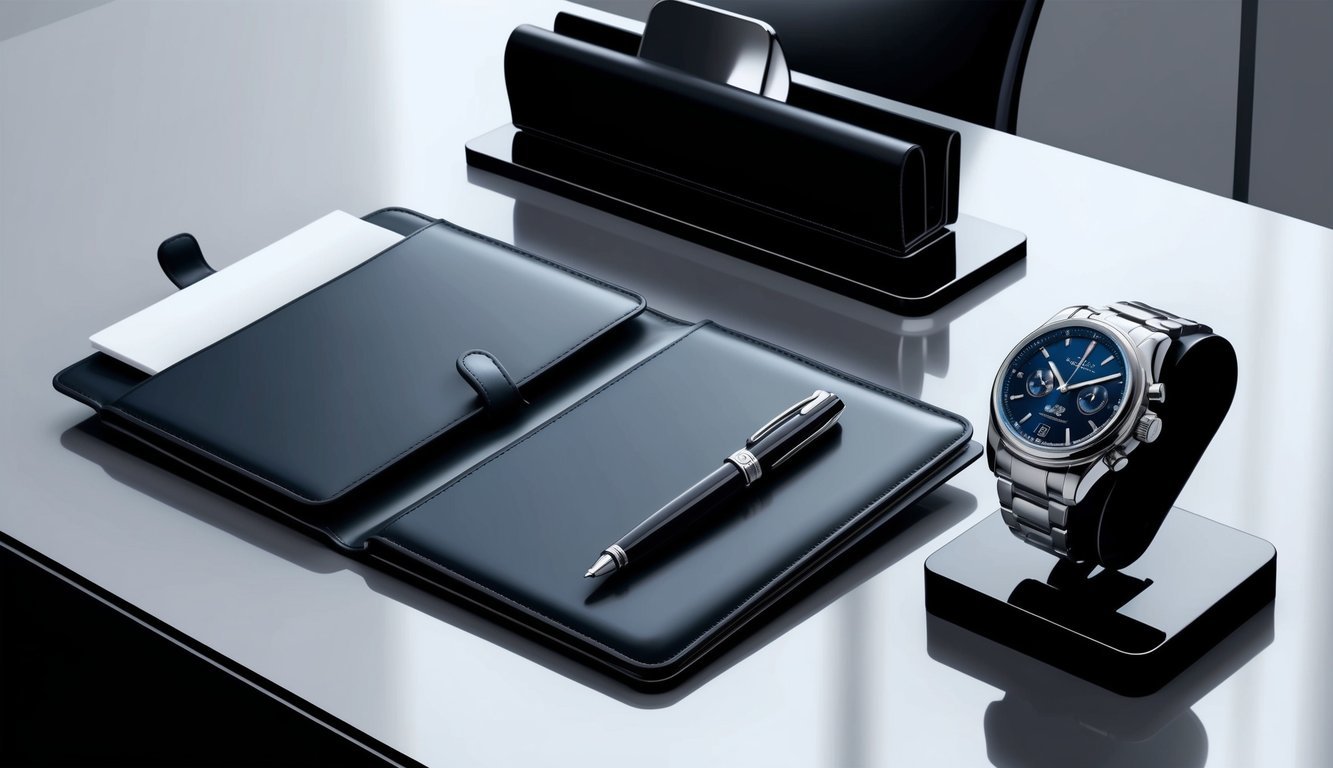 A sleek desk with a leather-bound organizer, pen, and a high-end luxury watch displayed on a stand.</p><p>A professional setting with a sophisticated and elegant feel