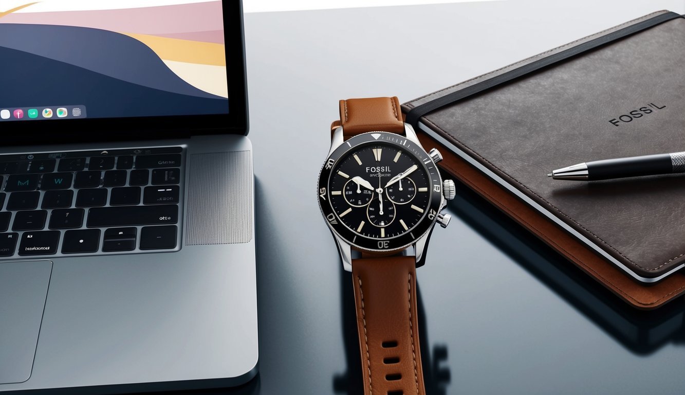 A sleek, modern office desk with a laptop, leather planner, and a stylish Fossil Neutra Chronograph watch displayed prominently