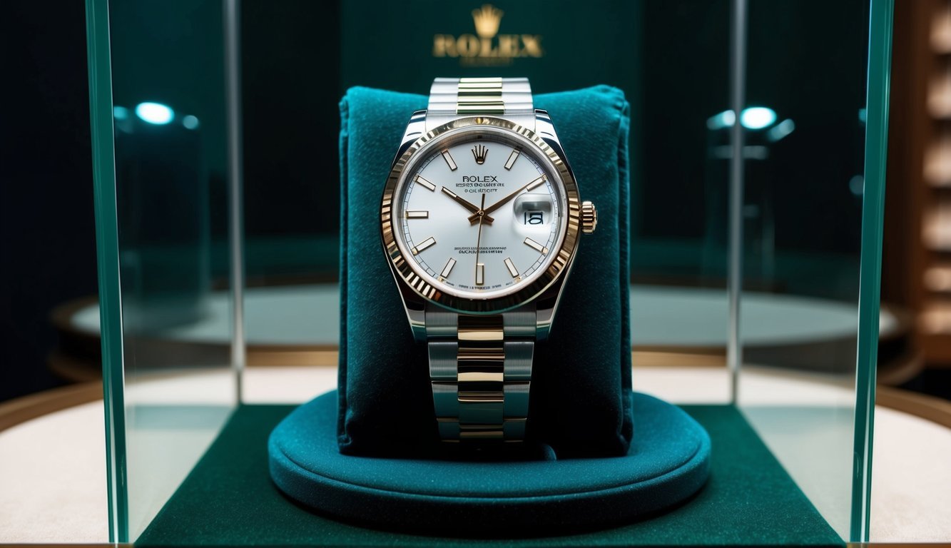 A sleek and sophisticated Rolex Datejust watch displayed on a luxurious velvet cushion in a well-lit glass showcase