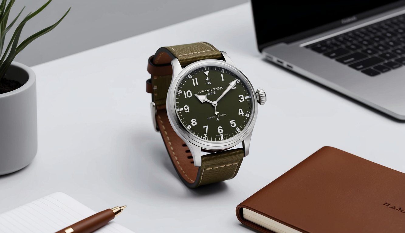 A sleek Hamilton Khaki Field Mechanical watch displayed on a minimalist desk with a laptop and leather notebook