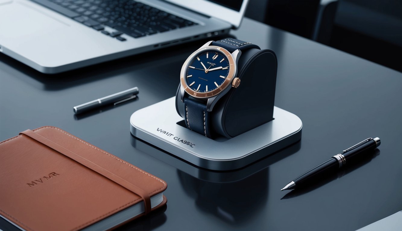 A sleek, modern office desk with a MVMT classic watch displayed prominently on a stand, surrounded by a laptop, pen, and leather notebook
