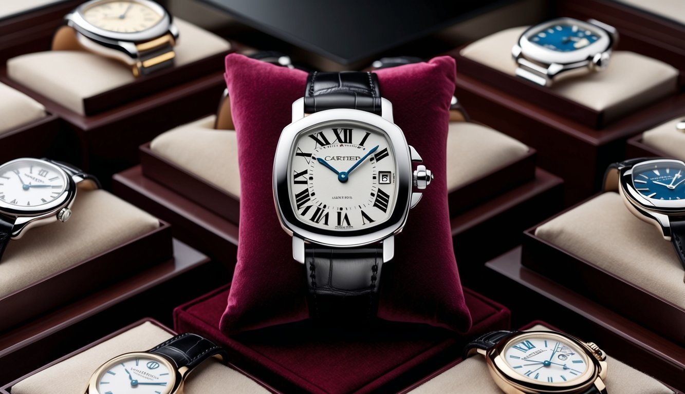 A sleek Cartier Tank Solo watch displayed on a luxurious velvet cushion, surrounded by other high-end timepieces in a sophisticated watch boutique