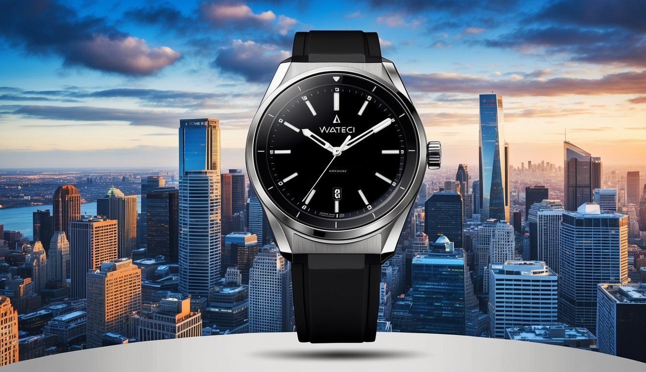 A sleek, modern watch displayed against a backdrop of a bustling city skyline, symbolizing the fast-paced lifestyle of young professionals