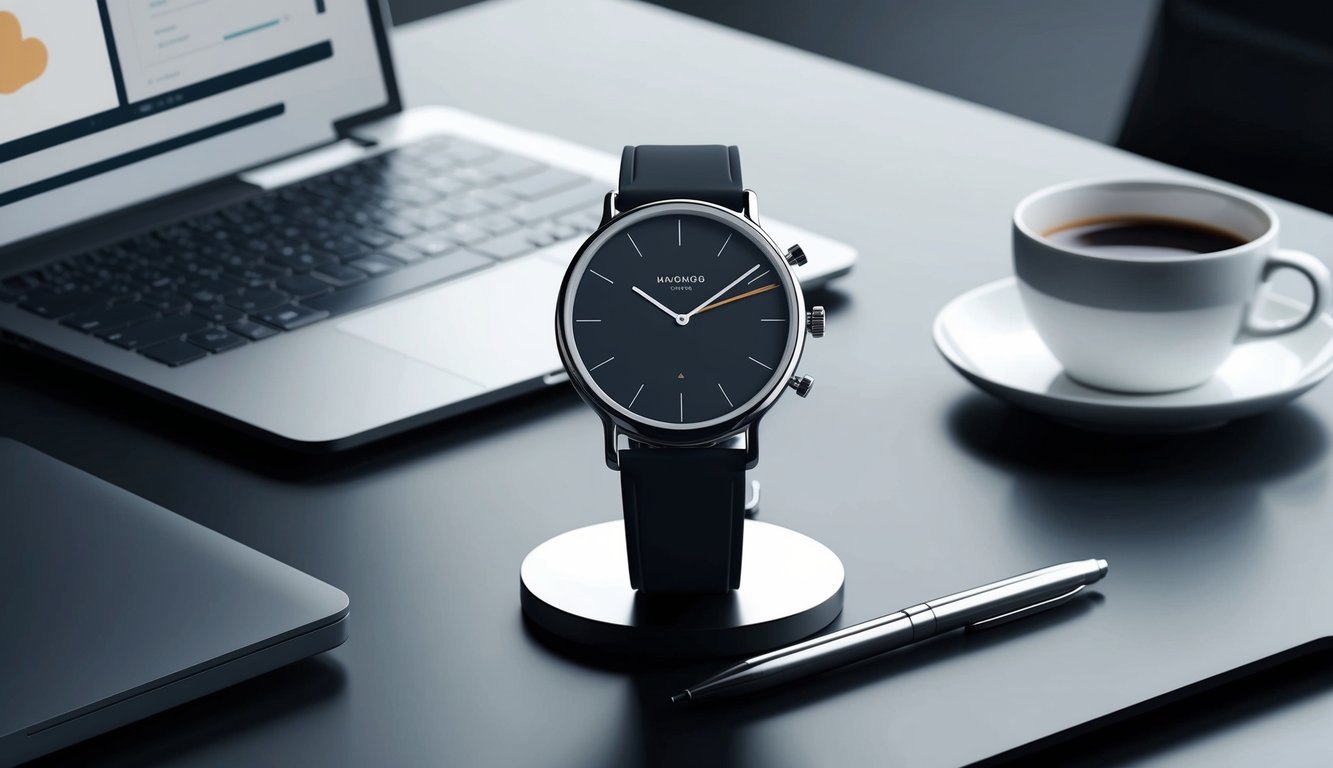 A modern, minimalist watch displayed on a sleek, professional desk with a laptop and a cup of coffee nearby
