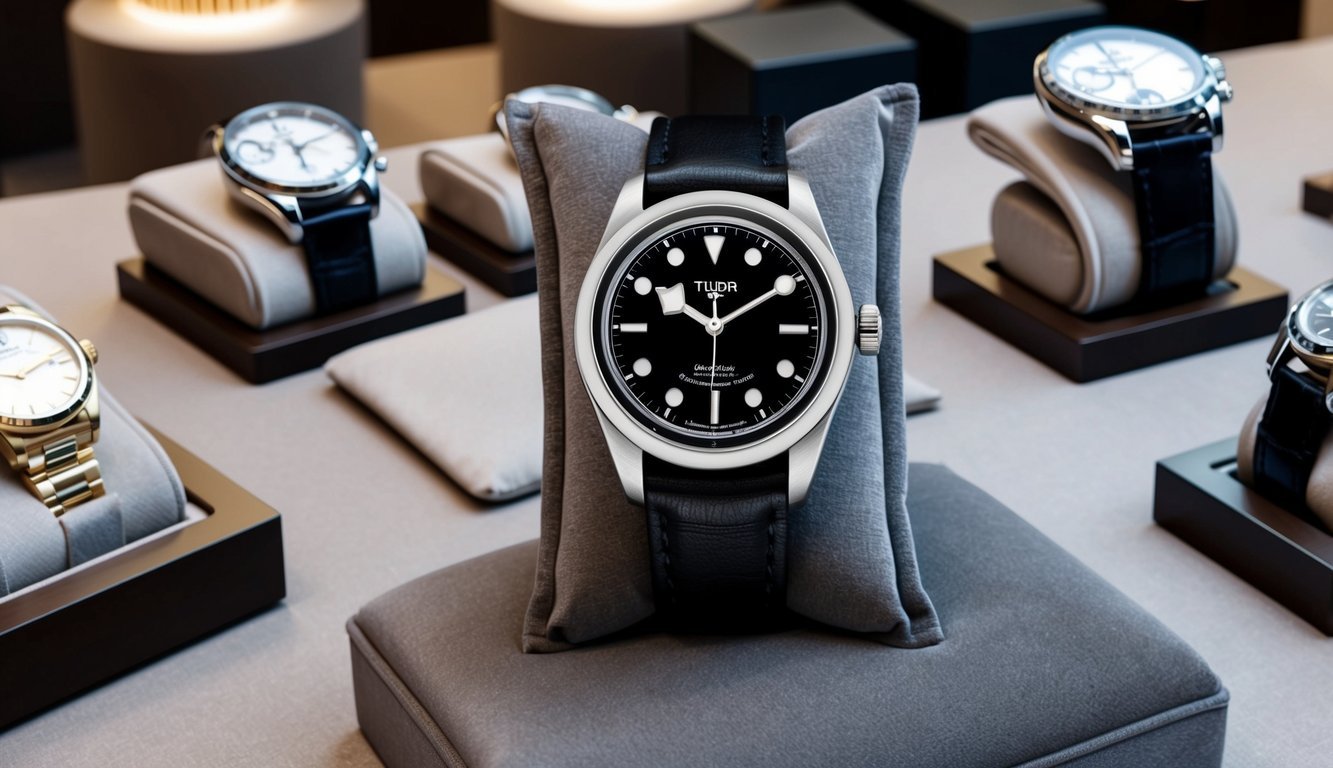A sleek Tudor Black Bay 36 watch displayed on a luxurious velvet cushion, surrounded by other high-end timepieces in a sophisticated watch boutique