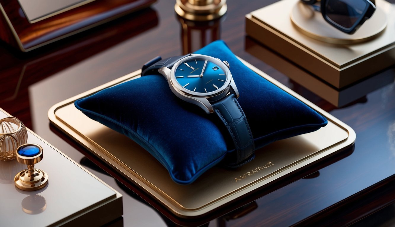 A sleek, modern wristwatch displayed on a luxurious velvet cushion, surrounded by elegant accessories and a polished wooden surface