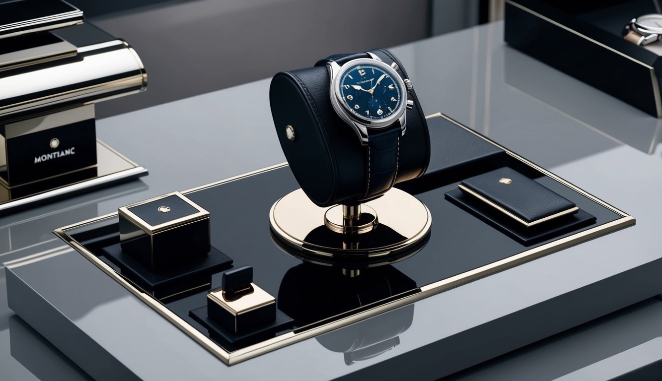 A sleek and modern desk with a Montblanc Heritage Chronométrie watch displayed on a luxurious watch stand, surrounded by other high-end accessories