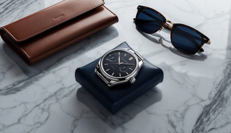 Luxury watch, sunglasses, and leather wallet on a marble surface