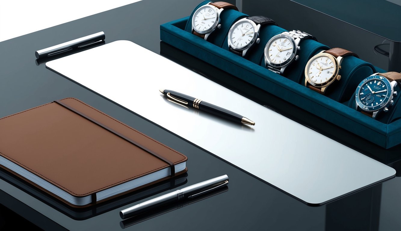 A sleek, modern desk with a leather-bound notebook, a pen, and a collection of elegant entry-level luxury watches displayed on a velvet-lined tray