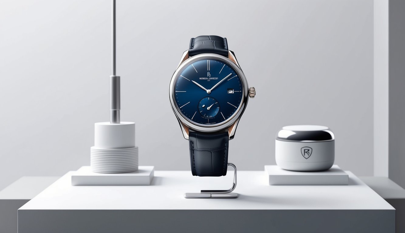 A sleek and modern watch displayed on a clean, minimalist background, with emphasis on luxury details and professional style
