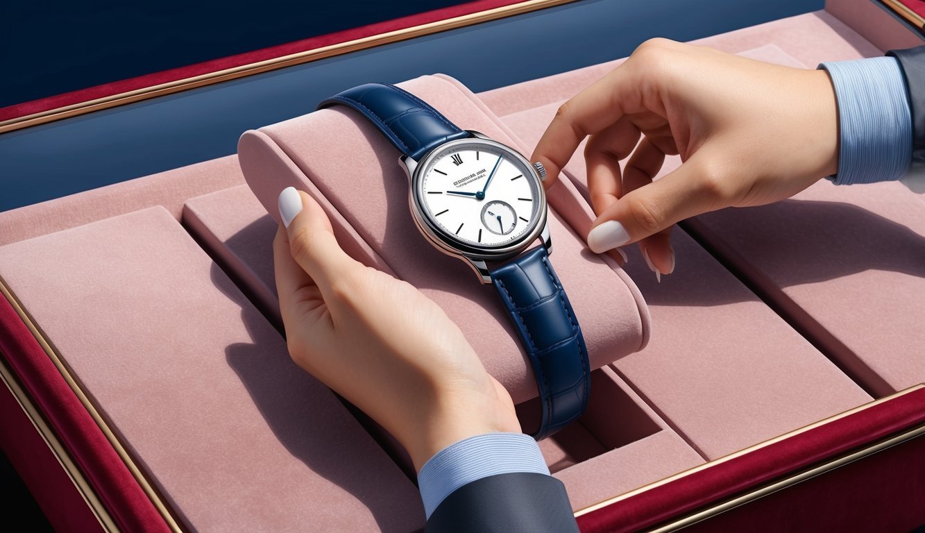 A sleek fashion watch being replaced by an elegant luxury timepiece on a velvet-lined display case
