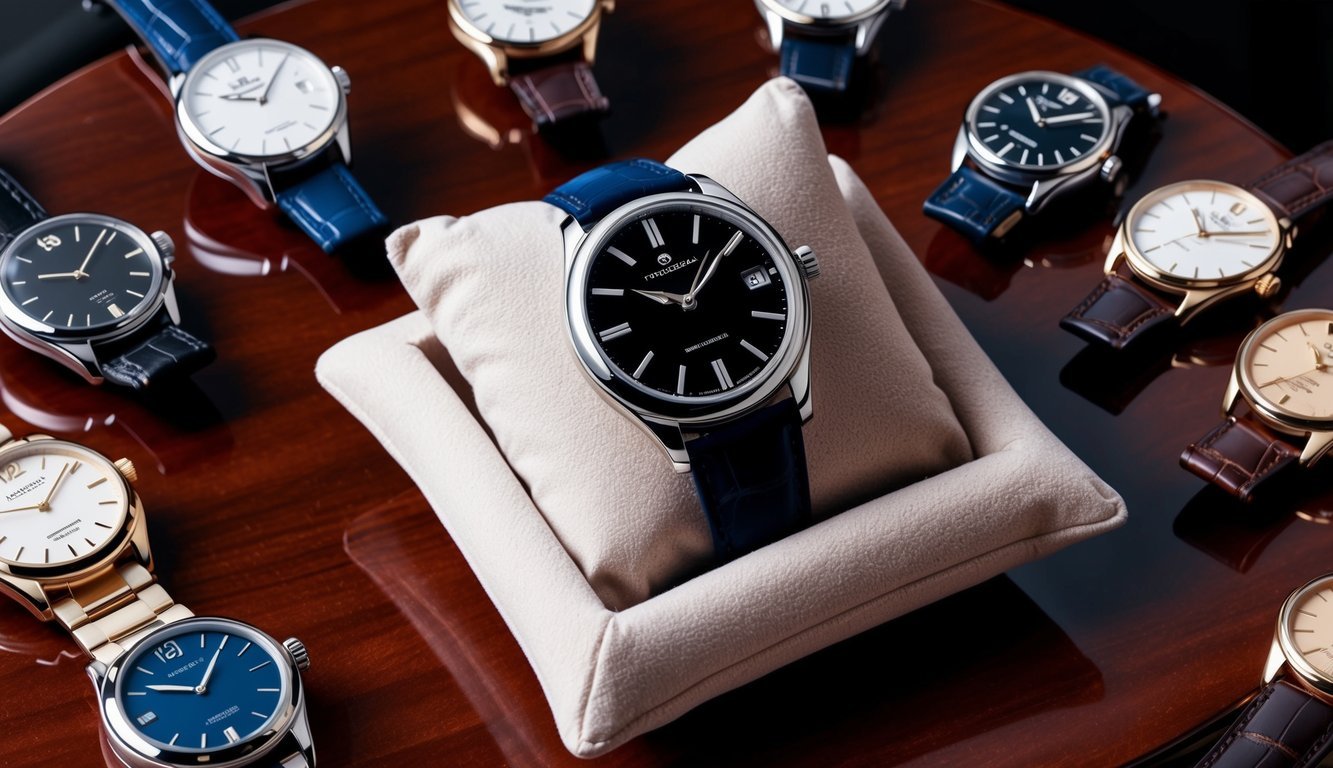 A sleek luxury timepiece displayed on a velvet cushion, surrounded by fashion watches on a polished wooden surface