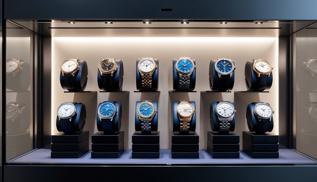 A display of high-end luxury timepieces arranged on a sleek, modern showcase with soft, ambient lighting highlighting the intricate details and craftsmanship of the prestigious brands