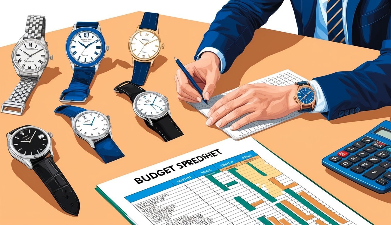A person comparing a range of fashion watches to luxury timepieces, with a calculator and budget spreadsheet on the table