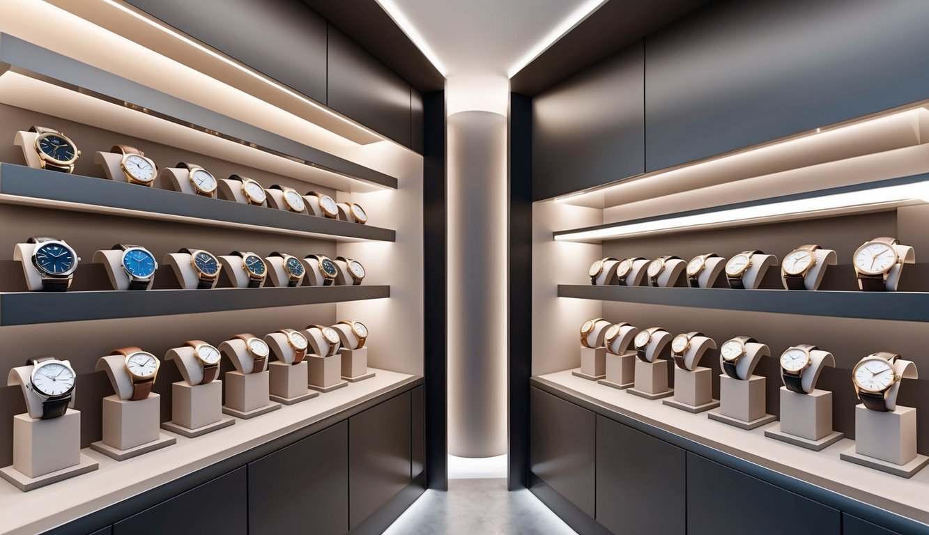 A display of fashion watches being replaced by elegant luxury timepieces in a sleek and modern setting