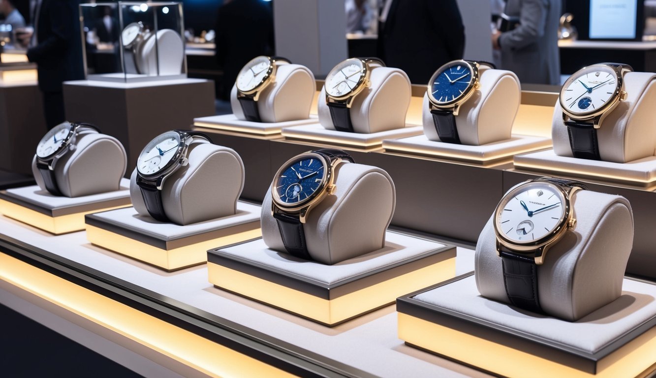A display of elegant luxury timepieces at a watch fair, with sleek designs and intricate details showcased on velvet-lined trays under soft lighting