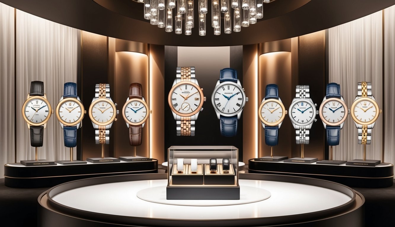 A sleek display of fashion watches transitioning into luxury timepieces, showcased in a sophisticated setting with elegant lighting and luxurious decor