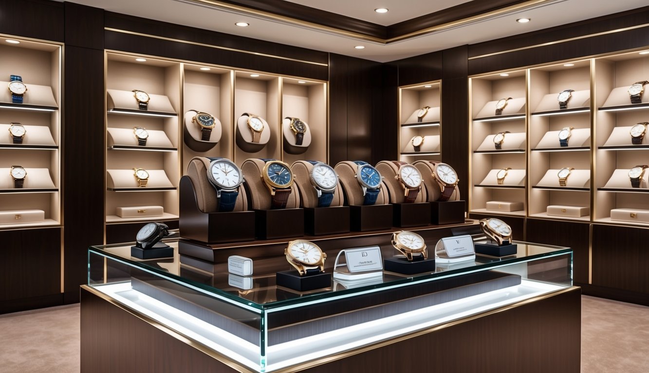 A luxurious watch display at an authorized dealer, with a range of elegant timepieces showcased in a sophisticated setting