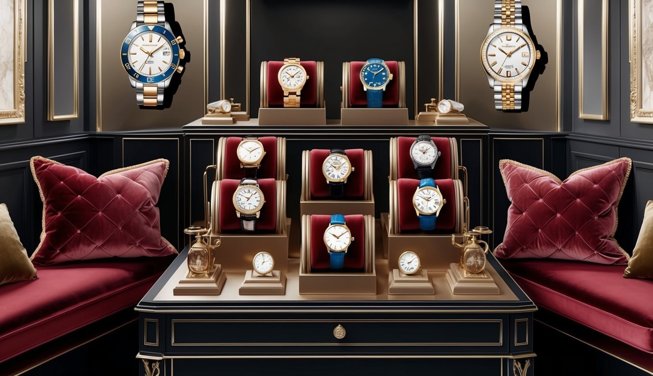 A stylish watch display featuring both fashion and luxury timepieces, with vintage elements like velvet cushions and antique-inspired decor