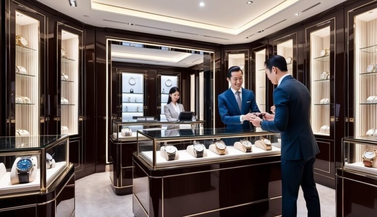 Two men in suits looking at a watch in a luxury watch store