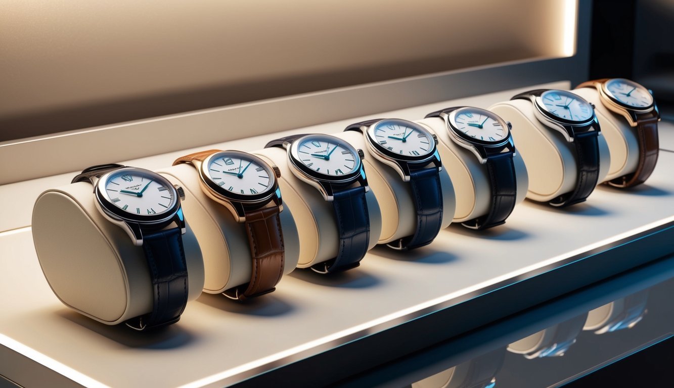Seven elegant wristwatches with leather straps displayed on a shelf