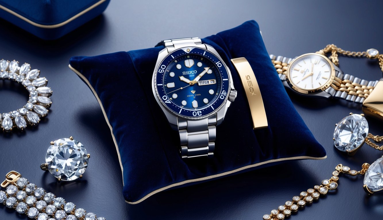 A sleek Seiko 5 Sports watch displayed on a luxurious velvet cushion, surrounded by gleaming jewelry and elegant accessories