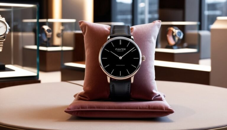 A black-faced Camter watch on a pink pillow in a jewelry store