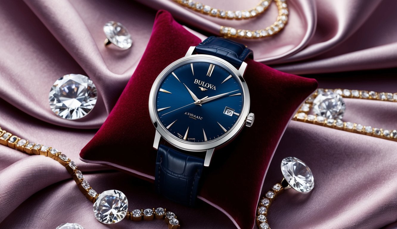 A sleek Bulova Classic Automatic watch resting on a velvet cushion, surrounded by sparkling gemstones and luxurious fabrics