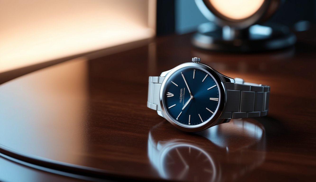 A sleek, modern watch displayed on a polished wooden surface with soft, indirect lighting highlighting its elegant design