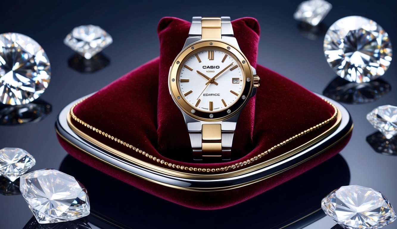 A sleek Casio Edifice watch displayed on a luxurious velvet cushion, surrounded by sparkling diamonds and gold accents
