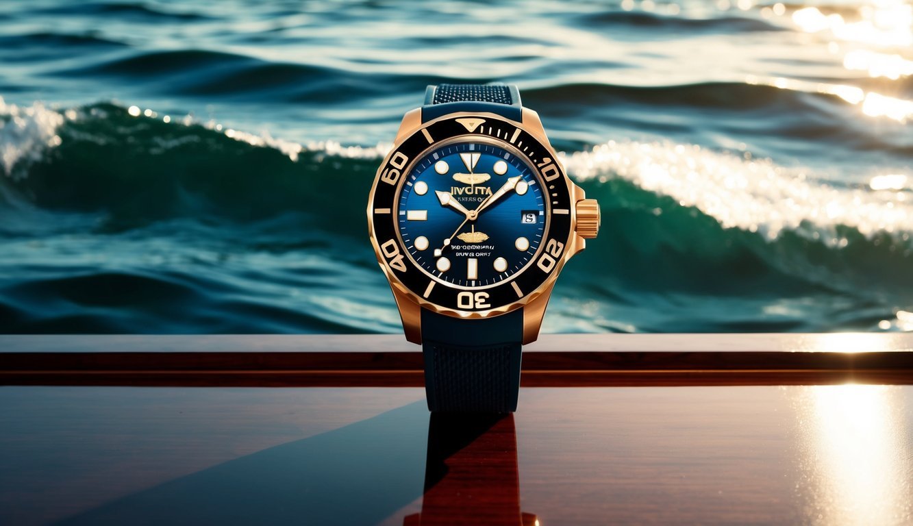 A sleek Invicta Pro Diver luxury watch displayed on a polished wooden surface with a backdrop of shimmering ocean waves