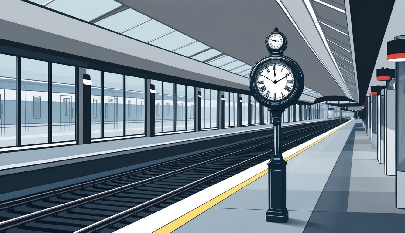 A sleek, modern train station platform with a vintage Swiss railway clock as the focal point