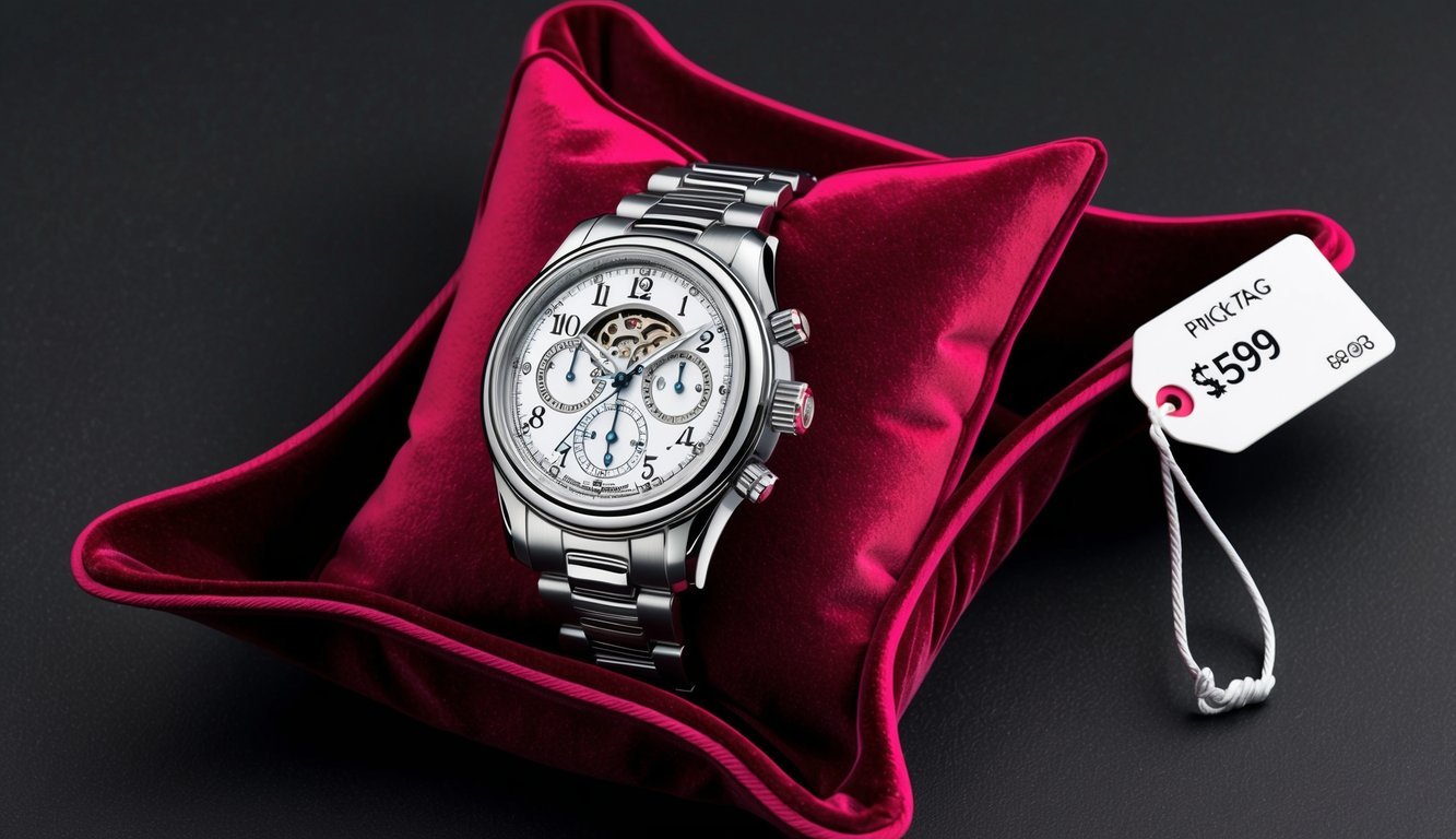 A luxurious watch with intricate features displayed on a velvet cushion beside a price tag