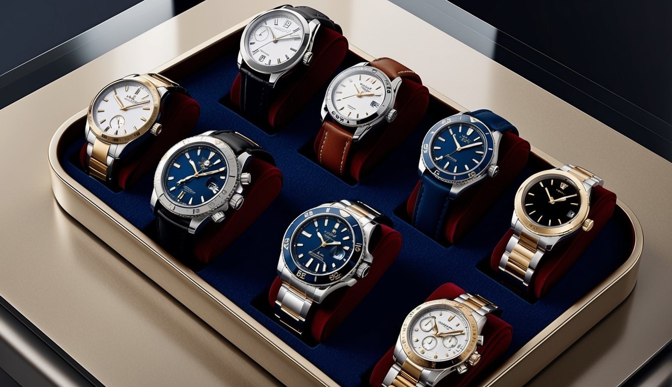 A sleek display of various luxury watches arranged on a velvet-lined tray, each reflecting sophistication and style without breaking the bank