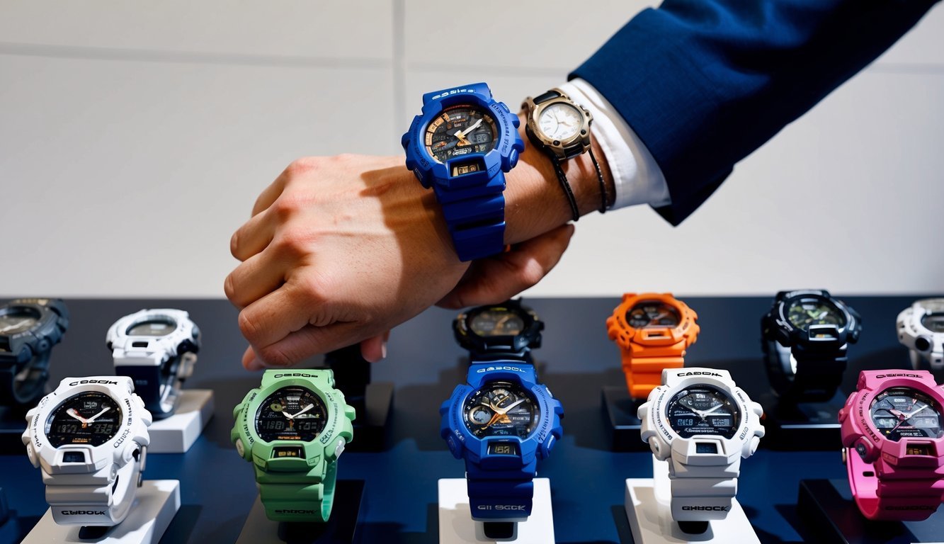A man's hand holding a Casio G-Shock watch, surrounded by various watch options on a display table