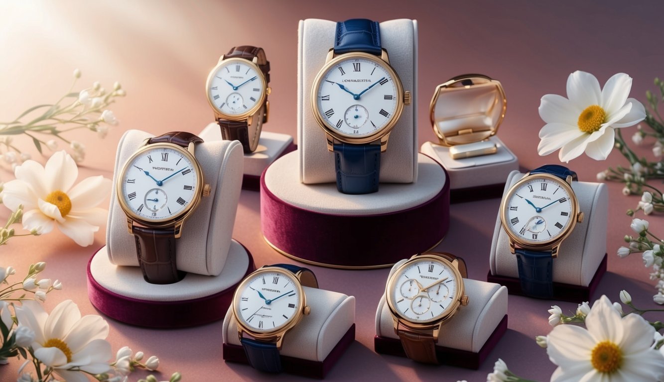A collection of elegant watches arranged on a velvet display stand, surrounded by delicate flowers and soft lighting