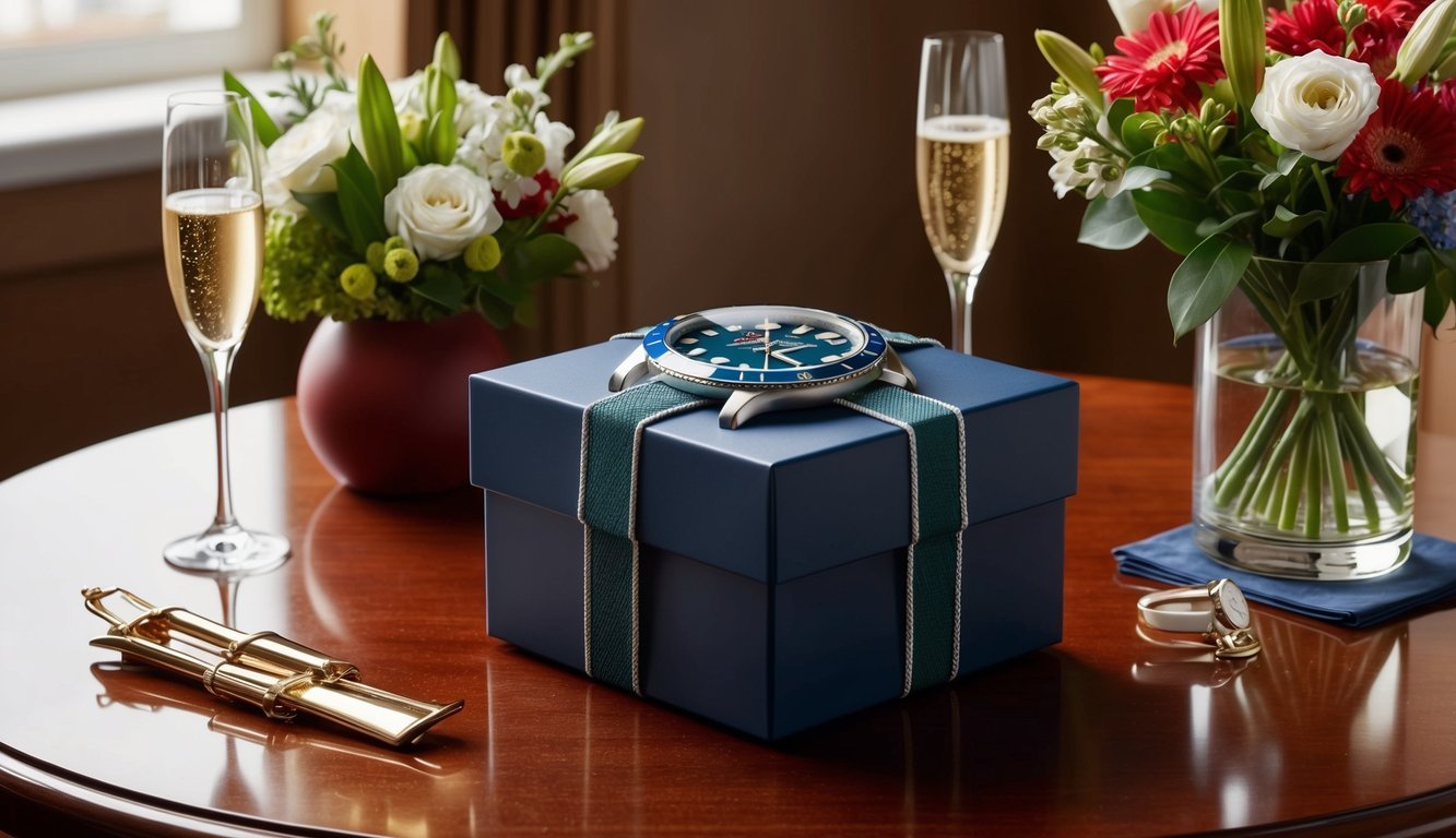 A beautifully wrapped Omega Seamaster box sits on a polished wooden table, surrounded by celebratory flowers and champagne glasses